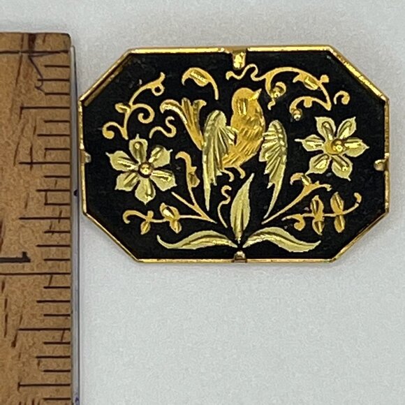 DAMASCENE Vintage Gold and Black Bird and Flowers Brooch / Pin - Picture 2 of 2